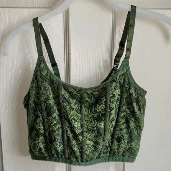 ^SOLD^ Corset Style Floral Lace Crop Tank Top Moss Green by Colsie Sz Medium - Picture 1 of 6